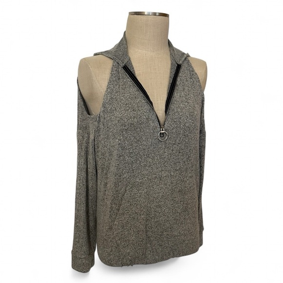 Heather Gray Hacci Off-the-Shoulder Sweater with Zip-Front & Kangaroo Pocket - Picture 6 of 10